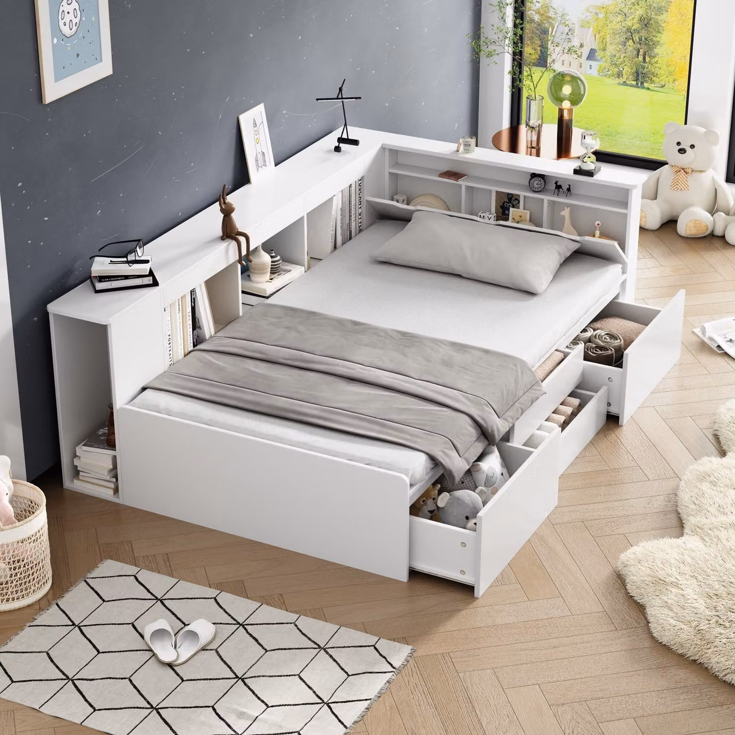 MODFU divano letto daybed 90x200cm con cassetti e rete a doghe, letto daybed in legno massiccio con libreria e armadio, letto per bambini, letto per ragazzi, bianco (senza materasso)