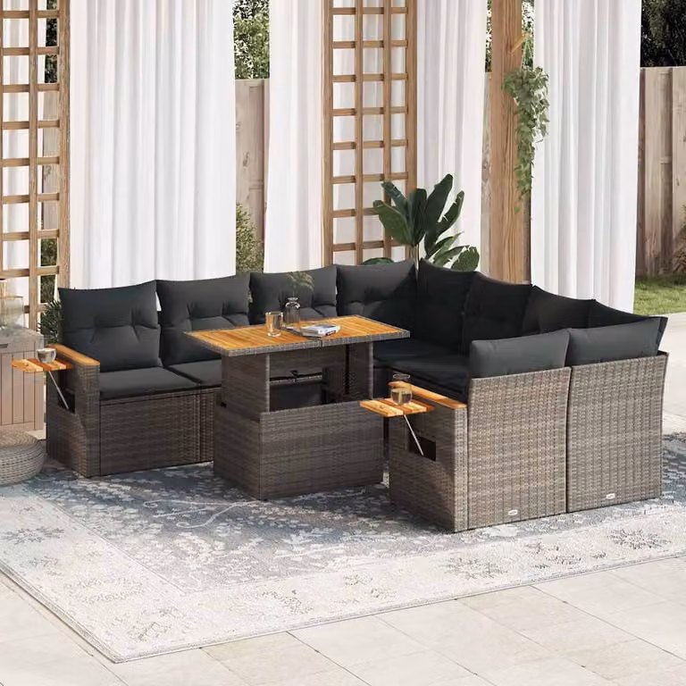 Set Divano da Giardino vidaXL 9pz in Polyrattan e Legno di Acacia Grigio con Cuscini e Tavolino