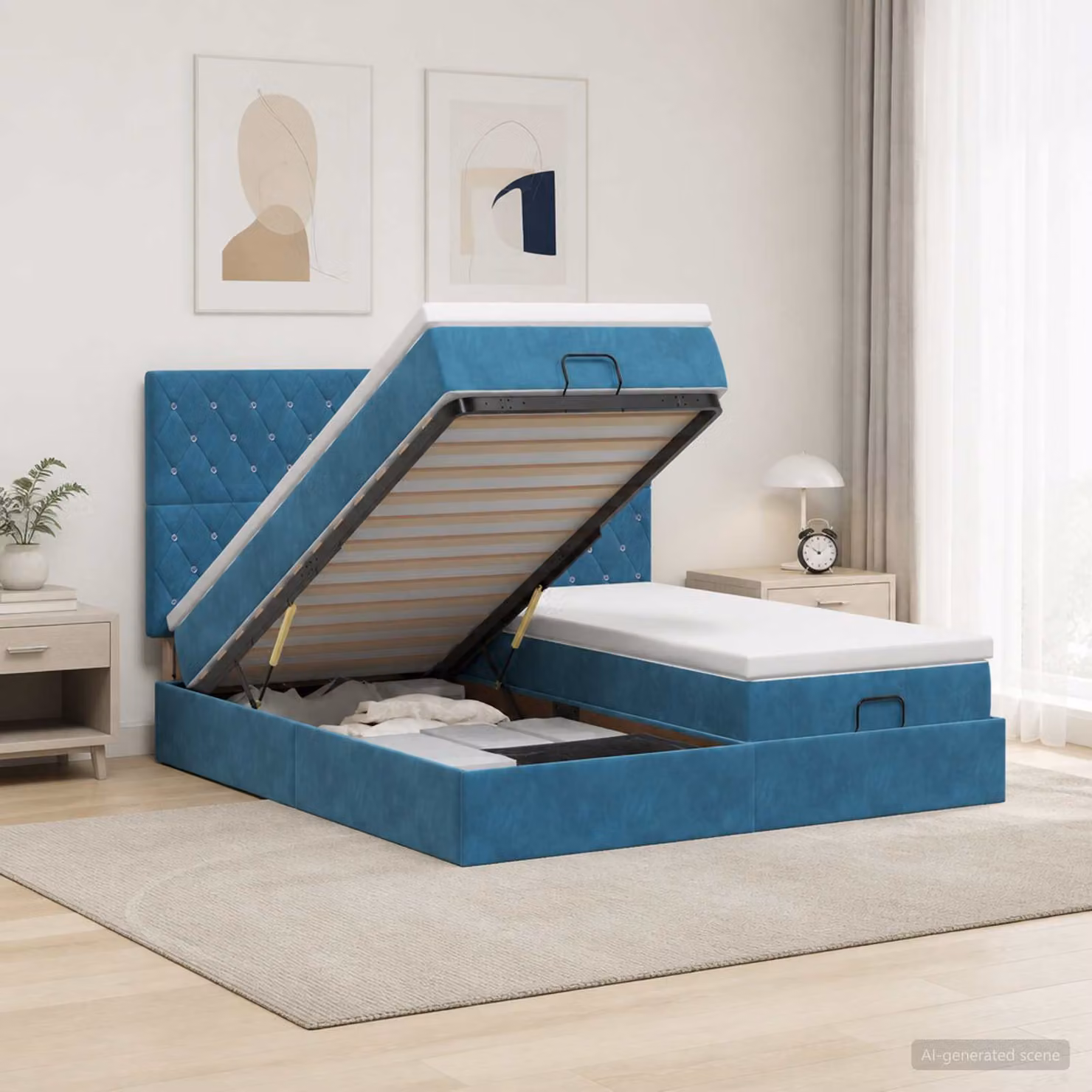 Letto Ottomano con Materasso e LED vidaXL, Blu e Bianco, L/P/H: 203 x 180 x 88 cm