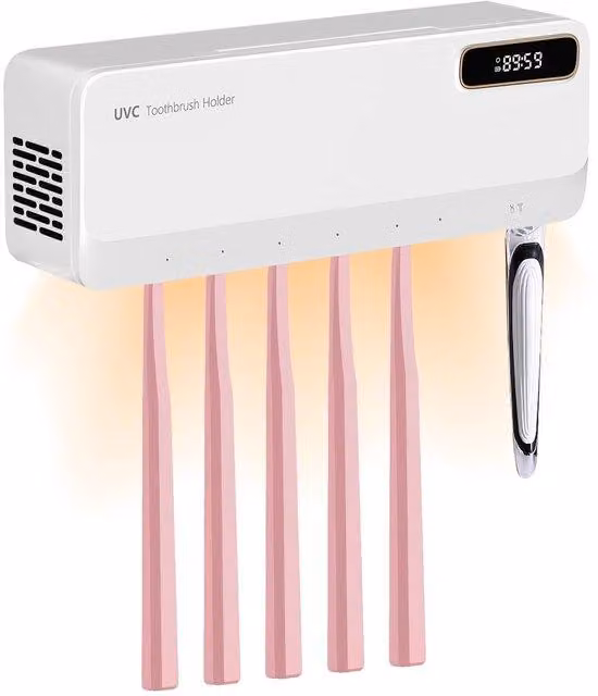 Supporto da parete elettrico con funzione di disinfezione UV, 7 testine, 2000 mAh, 3 livelli di intensità, per spazzolini da denti a casa, in bagno, in doccia (bianco)