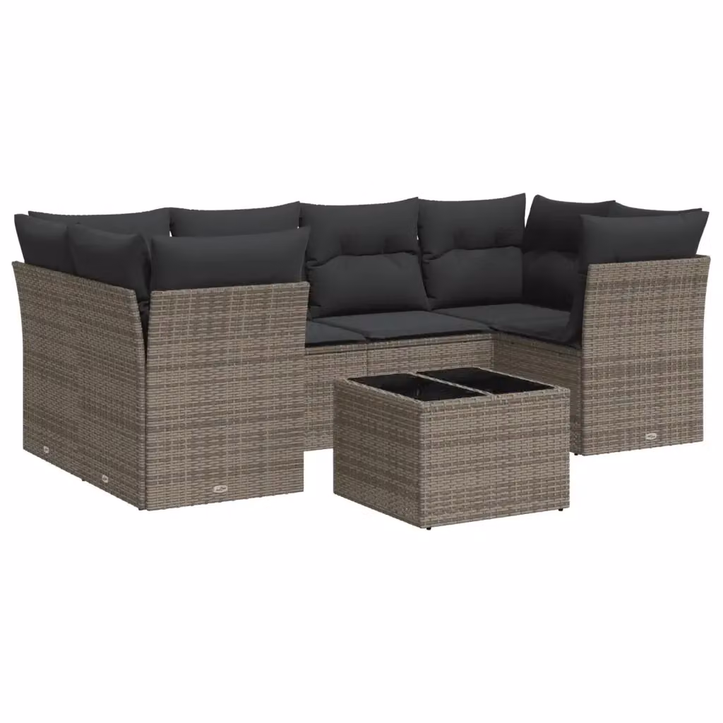 vidaXL Set Divani da Giardino 7 pz a Forma a L con Cuscini Grigio in Polyrattan e Tavolino da Esterno – 2