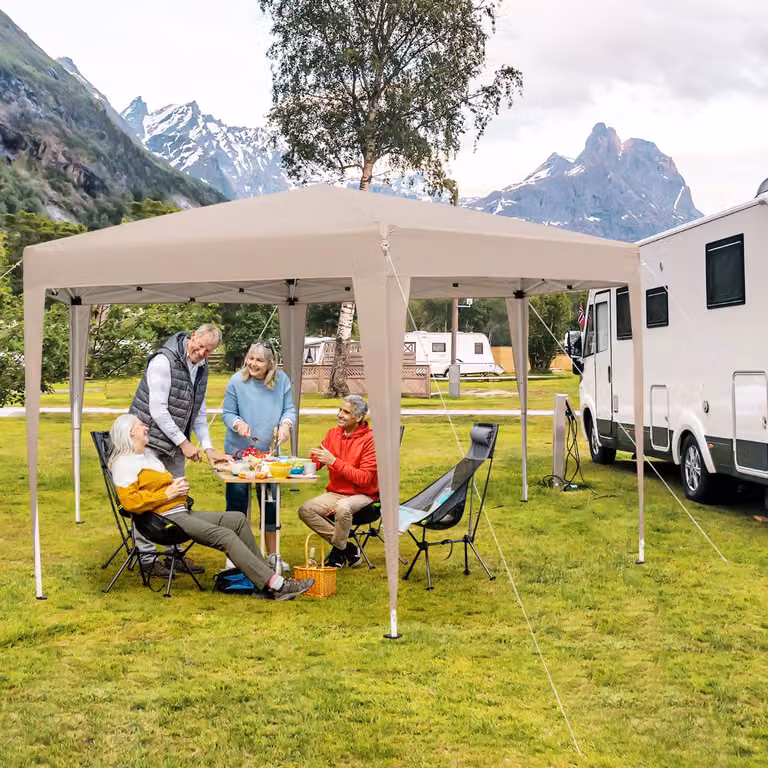 Costway Tenda a baldacchino esagonale Gazebo da campeggio regolabile in altezza con gambe rivestite Kaki L: 400 cm