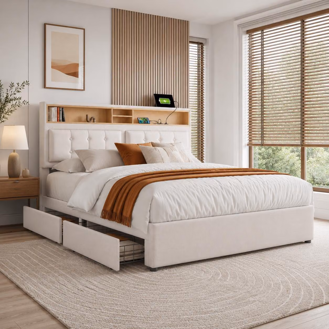 Letto imbottito Flieks 140x200cm con USB e prese, letto per ragazzi letto matrimoniale con 4 cassetti, letto contenitore letto in legno massiccio con rete a doghe, lino, beige