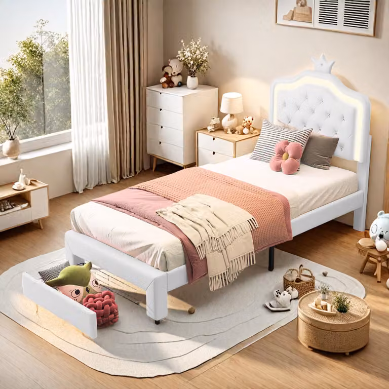 ProximaX Questo moderno letto singolo (90 x 200 cm) è bianco, realizzato in Finto cuoio di alta qualità e dotato di testata a LED. È elegante e pratico ed è adatto sia alle camere da letto che alle camerette.