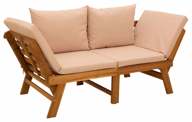 Panca da giardino 3-in-1 con cuscini, realizzata in legno di acacia massello, colore beige