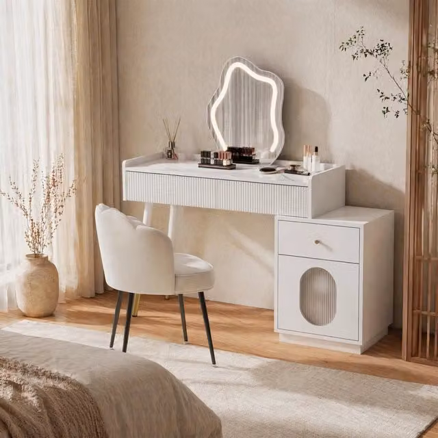 Toeletta 100x40 cm bianca in truciolare, LED touch e 2 cassetti