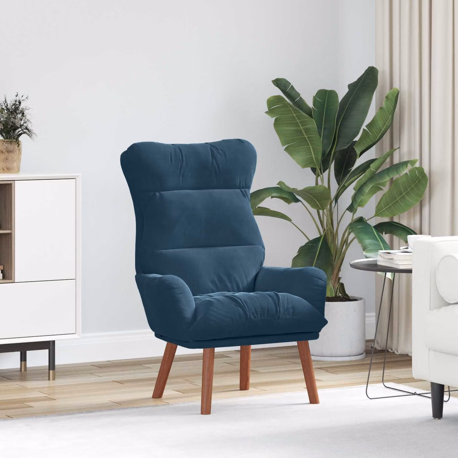 Poltrona relax moderna vidaXL in velluto blu con braccioli, L: 69 cm, P: 74 cm, H: 93 cm