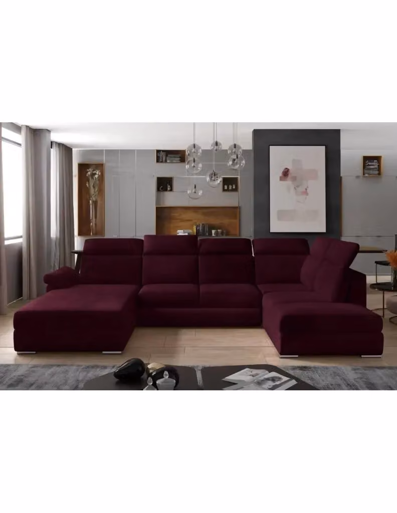 Divano panoramico convertibile MAJESTA MEUBLORAMA a 5 posti in velluto rosa e viola con angolo destro, funzione letto e contenitore, L: 336 cm x P: 211 cm x H: 102 cm – 2