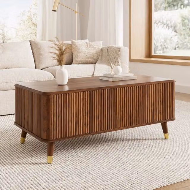 Tavolino da caffè 97x52x56.5 cm con piano regolabile e vano contenitore in MDF noce