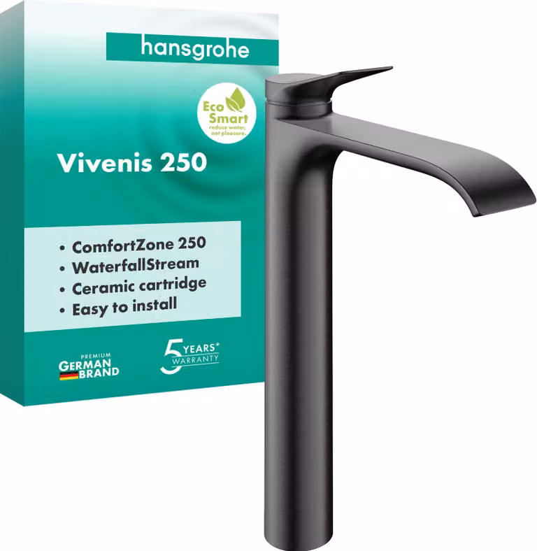 Rubinetto per lavabo, monocomando, finitura nero cromato spazzolato, portata 5 l/min, altezza 251 mm