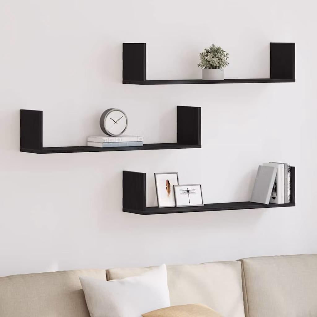 Set di 3 mensole a parete vidaXL in truciolato e MDF, colore nero, L 80 x P 18 x H 18 cm