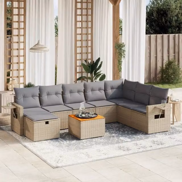 Set Divano da Giardino 9 pz con Cuscini Beige Misto Polyrattan 3264986