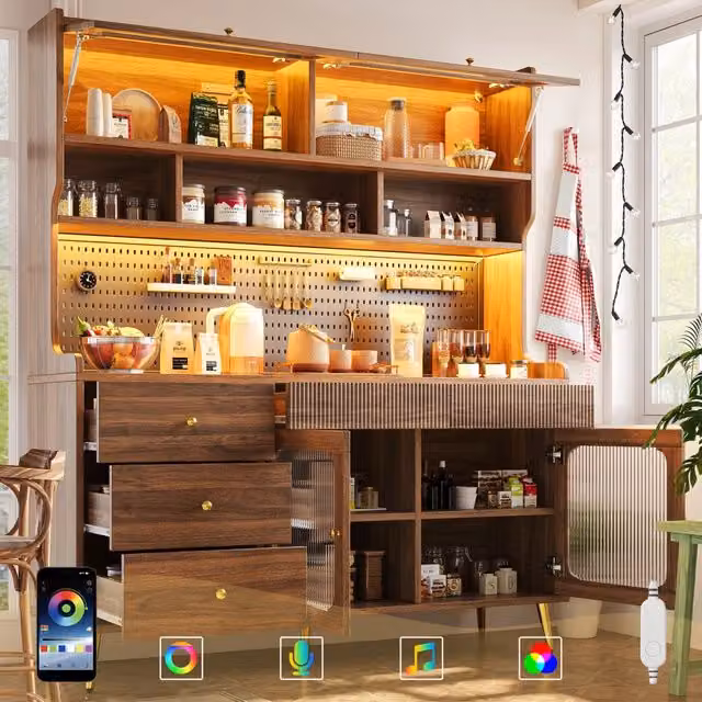 Mobile colonna da cucina con anta a sollevamento LED RGB vetro scanalato MDF noce 145 × 39 × 171 cm