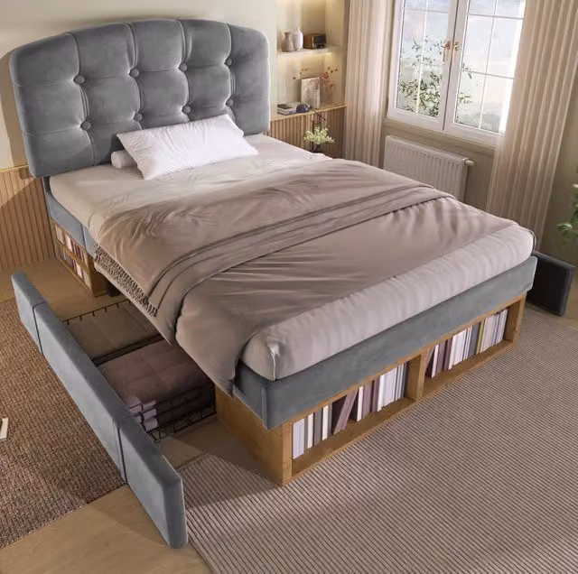 Letto singolo Modenuit in velluto grigio con testiera regolabile, cassetti e contenitore, L/P/H: 90 x 200 x 113 cm