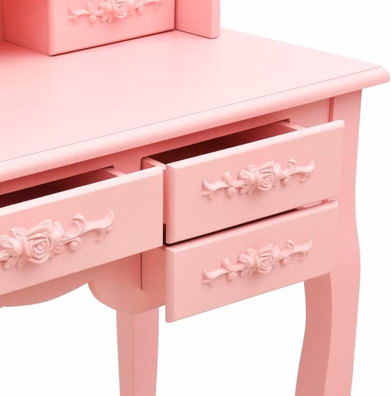 Set da toeletta rosa in legno, completo di sgabello e specchiera a tre specchi, con sette cassetti