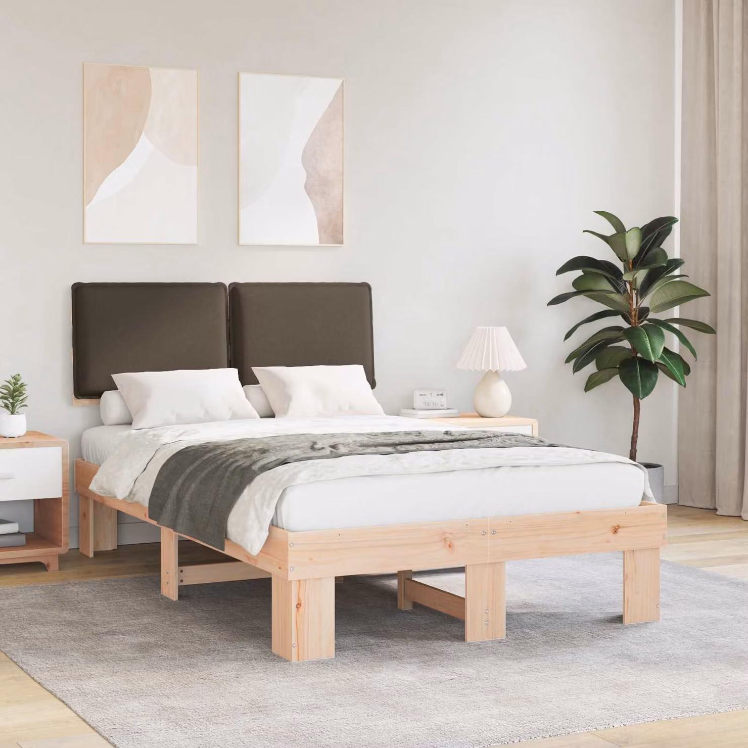 Letto con Testiera Rivestita in Tessuto e Pino Massello vidaXL, Colore Beige o Grigio, L/P/H: 120 x 200 cm – 1