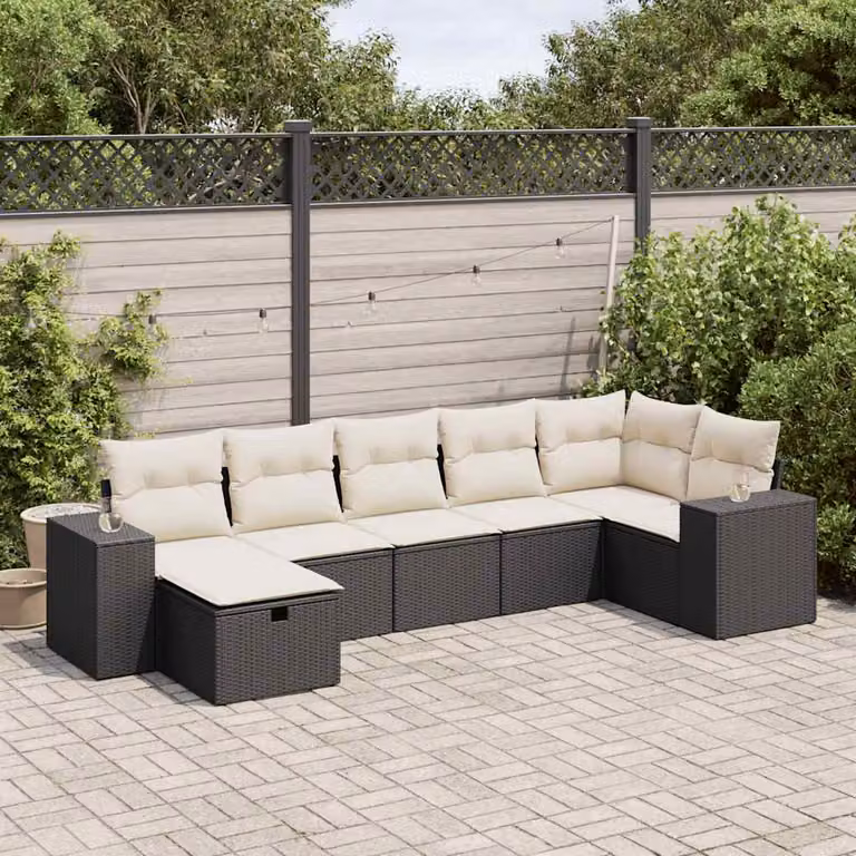 Set di divani da giardino vidaXL a forma di L in polyrattan nero con 7 cuscini e struttura in metallo