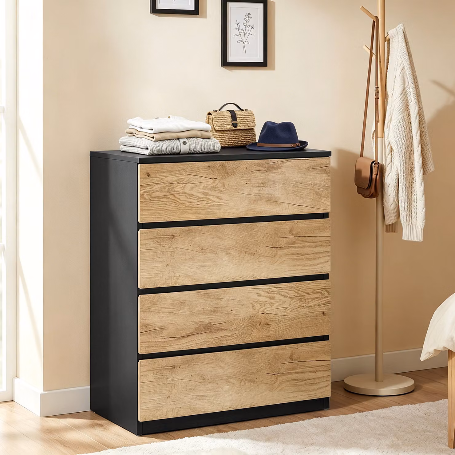 Cassettiera HOMCOM in legno con 4 cassetti, guide in metallo e maniglie scanalate, L: 60 cm, P: 40 cm, H: 80 cm, Nero e Rovere – 2
