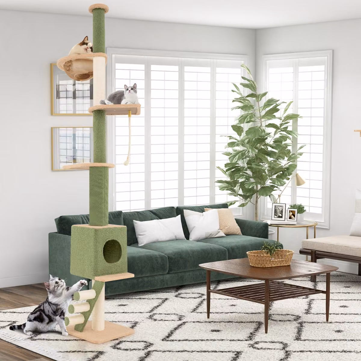 Albero per gatti Costway da pavimento a soffitto con altezza regolabile 218-253 cm, centro attività a 5 livelli con amaca e sisal sostituibile, Verde