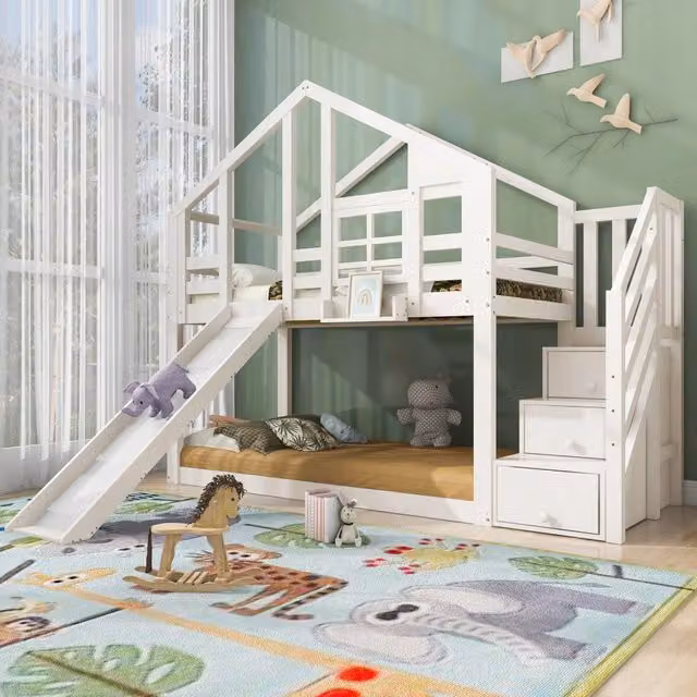 Letto per bambini casa sull'albero 90x200 cm con scivolo e protezione anti-caduta, bianco, 2x rete a doghe (senza materasso)