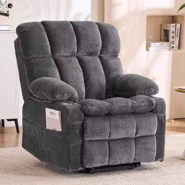 Poltrona relax elettrica MIVRAY grigia con funzione alzapersona, due motori, massaggio, riscaldamento e poggiatesta regolabile in tessuto – 1