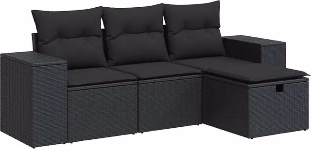 Set Divani da Giardino 4 pz | Set Salotto da Giardino con Cuscini Nero in Polyrattan