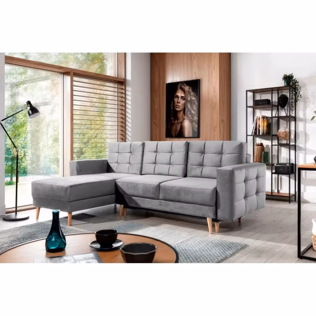 Divano ad angolo reversibile MEUBLORAMA grigio con funzione letto e contenitore in stile scandinavo L/P/H: 248 x 162 x 93 cm – 2