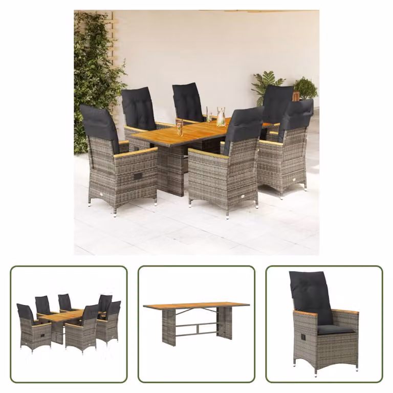 The Living Store Set da pranzo da giardino 7 pezzi con cuscini in poly rattan grigio