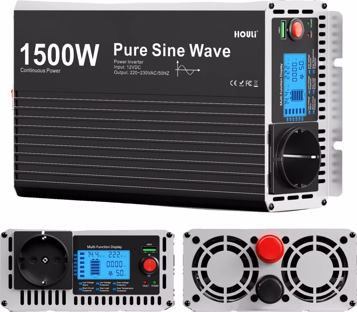 Inverter, onda sinusoidale pura, display LCD, 1500 W, 12 V, 220-230 V, 50 Hz
