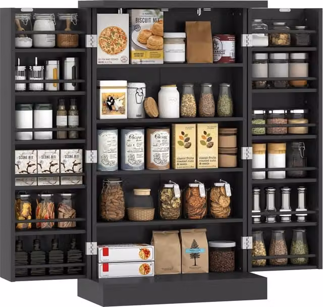 Armoire de Cuisine, Buffet Cuisine, avec 2 Portes, 12 Porte-Racks, 5 Compartiments et Étagères Réglables, Noir