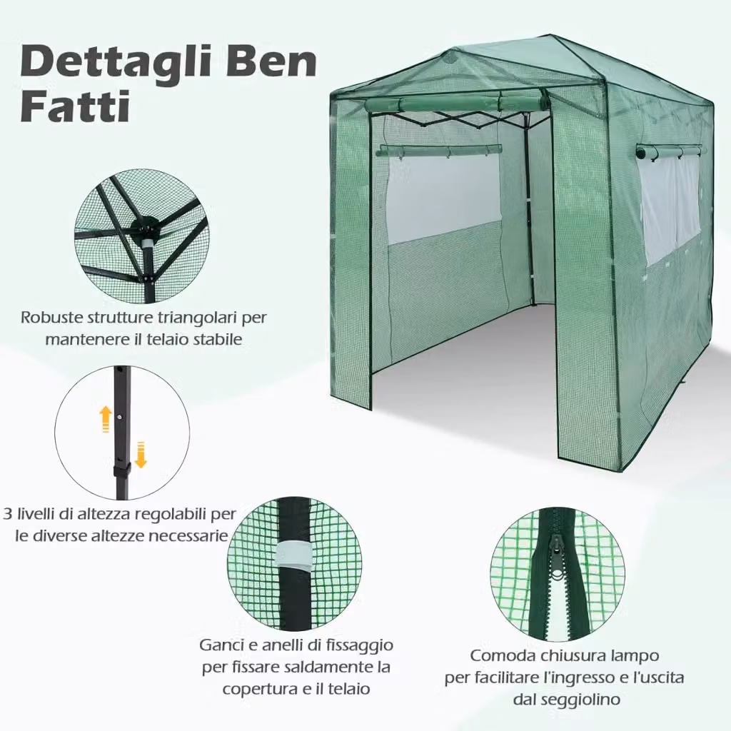 Costway Serra per orto e piante verde con 2 finestre e 2 porte arrotolabili L/P/H: 180 x 250 x 230 cm – 2