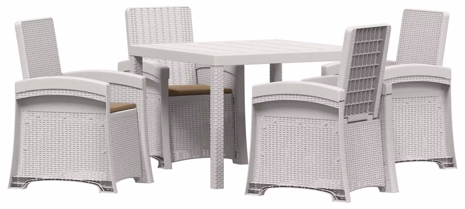 Set da pranzo per esterno, 5 pezzi, bianco e color taupe, in plastica PP