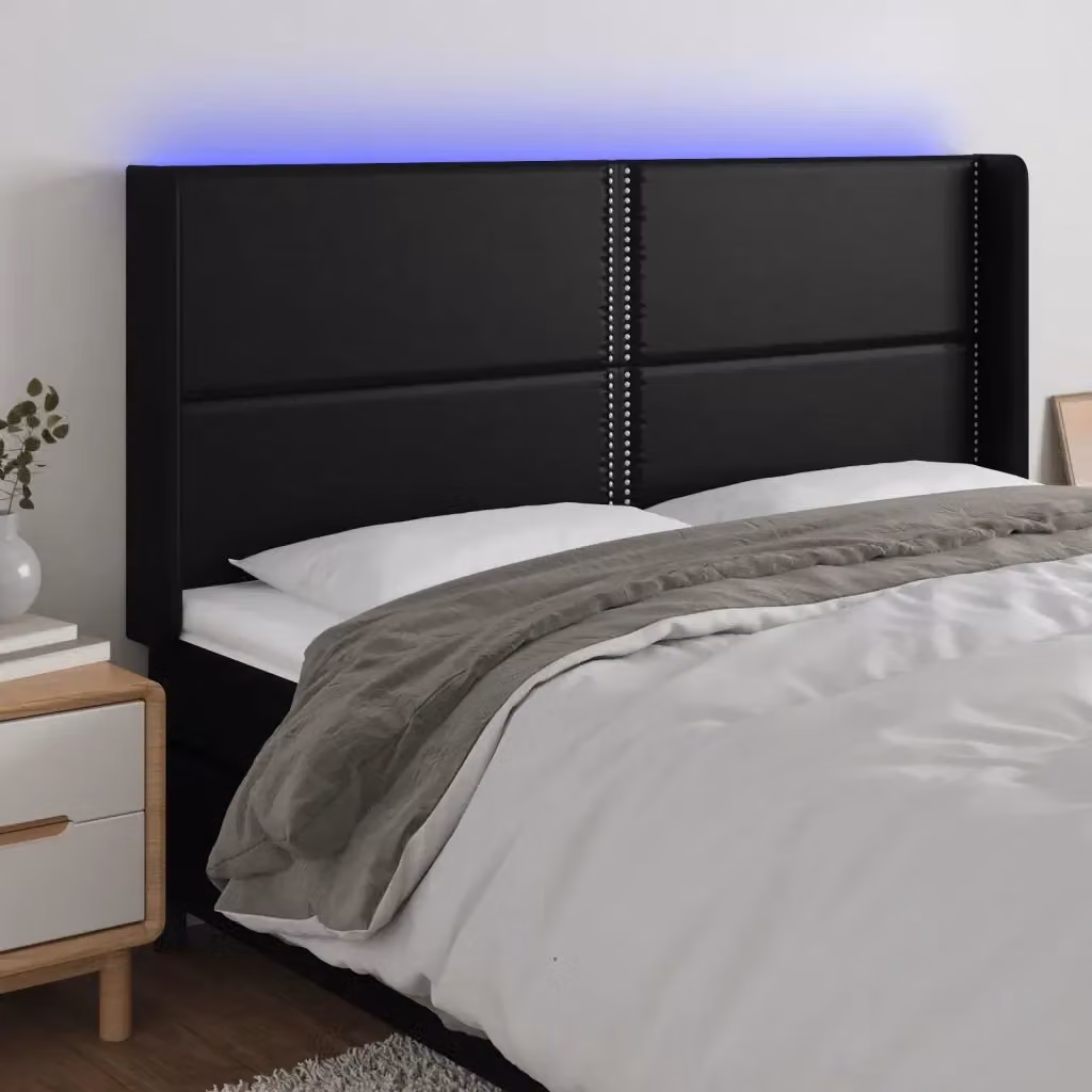 Testata del letto moderna in similpelle nera con illuminazione LED e porta di ricarica USB, L: 183 cm, P: 16 cm, H: 118/128 cm – 2