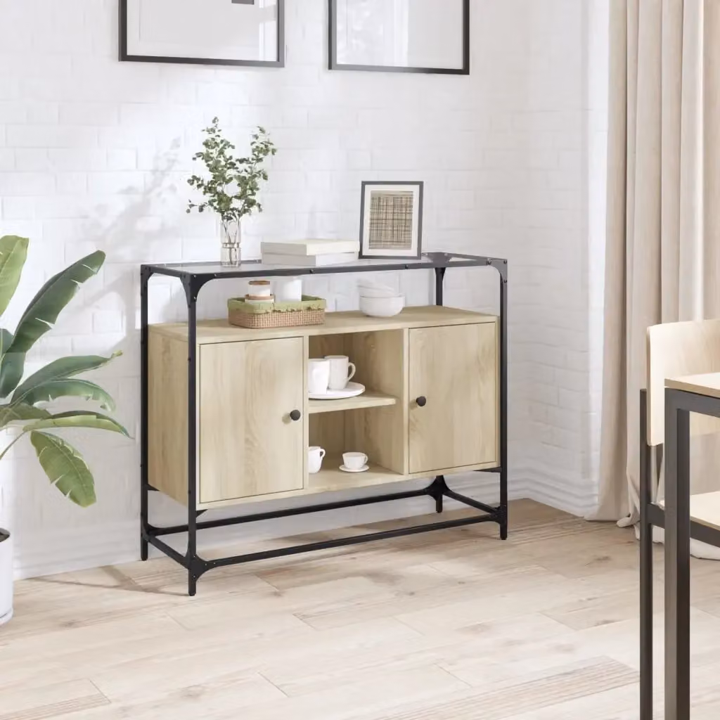 Credenza Buffet da pranzo con piano in vetro e finitura Rovere Sonoma, L 98 x P 35 x H 81 cm – 2