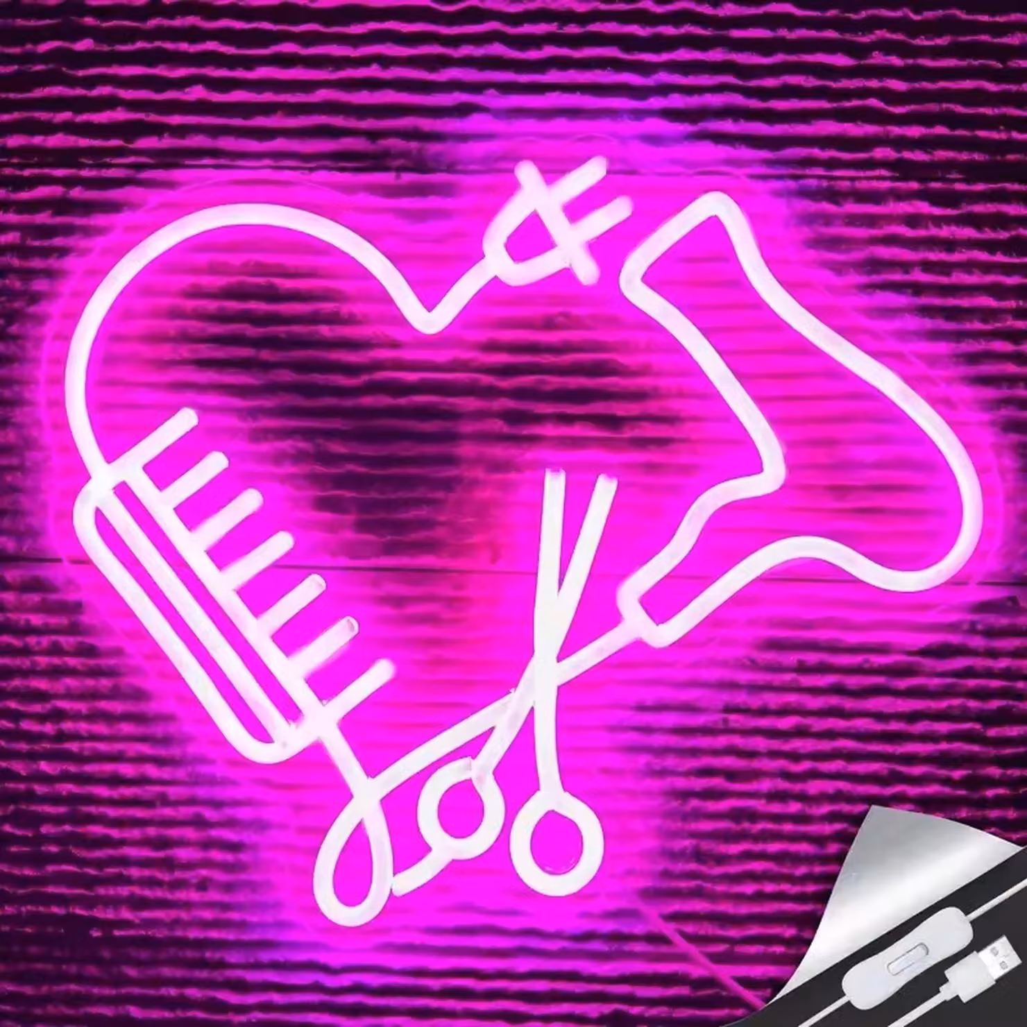 Luce LED NEON, applique decorativa, pettine forbici asciugacapelli, rosa, circa 35,5 x 30,8 x 2 cm