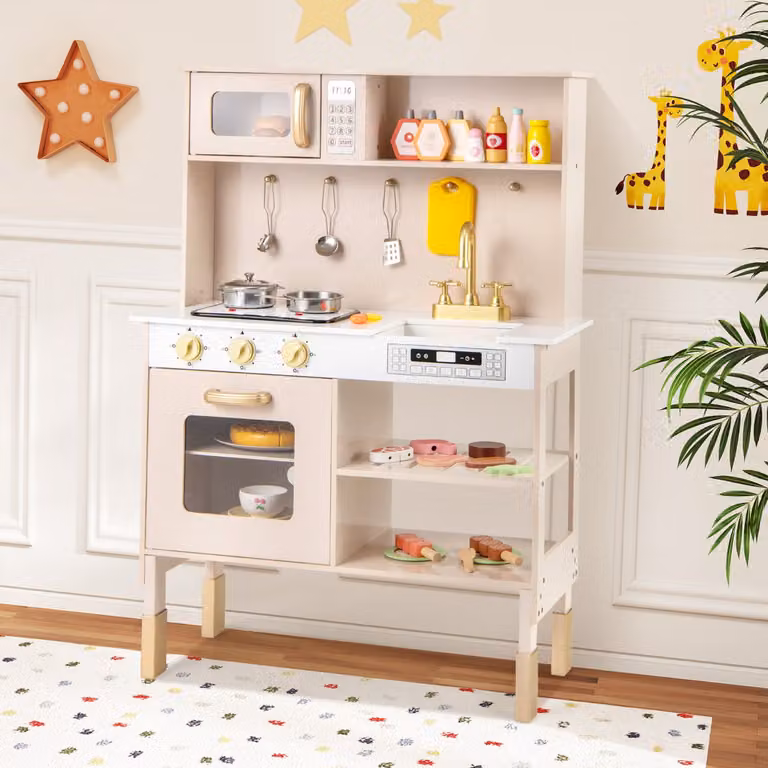 Cucina da gioco Costway in legno regolabile in altezza con luci e suoni, set giocattolo per bambini dai 3 anni in colore giallo terroso e beige