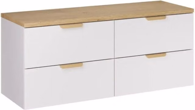 Set da bagno sospeso OSTER 120cm: mobile sottolavabo con cassetti bianco + piano per lavabo effetto rovere chiaro