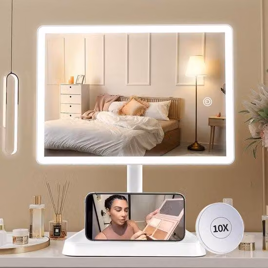 Azomor: grande specchio da trucco con illuminazione a LED regolabile e supporto per telefono