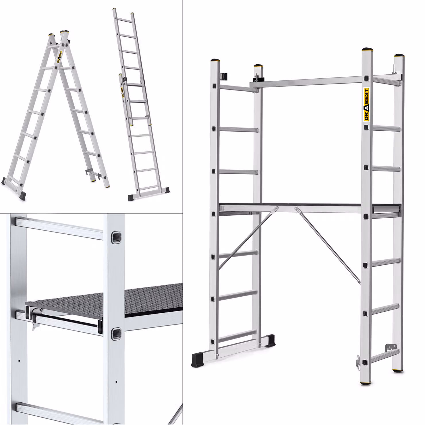 Drabest | Ponteggio in alluminio - Ponteggio in alluminio 2x7 - Ponteggio a scala - Capacità di carico della piattaforma: 150 kg - Dimensioni della pi
