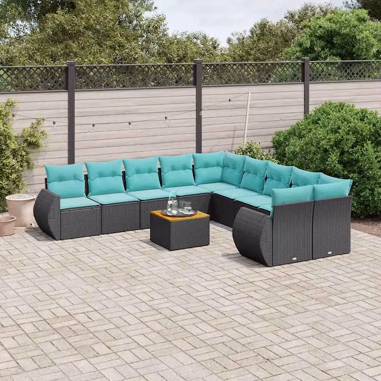 Set di divani da giardino vidaXL 11 pezzi in polyrattan e legno di acacia oliato con cuscini nero, blu e turchese