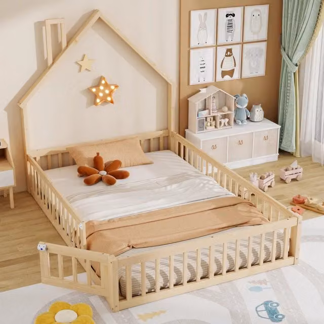 Letto Casetta per Bambini con Camino ¨C MINIMAL ¨C Pino Naturale 140x190 con Rete a Doghe