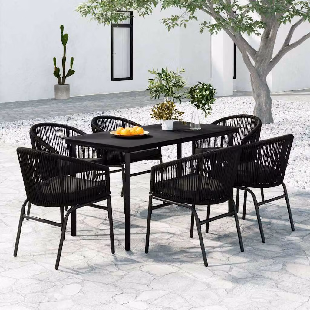 Set da pranzo da giardino vidaXL in acciaio nero opaco con tavolo rettangolare in vetro e 7 sedie