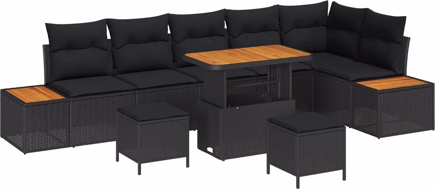 Set Divano da Giardino 9 pcs Nero polyrattan