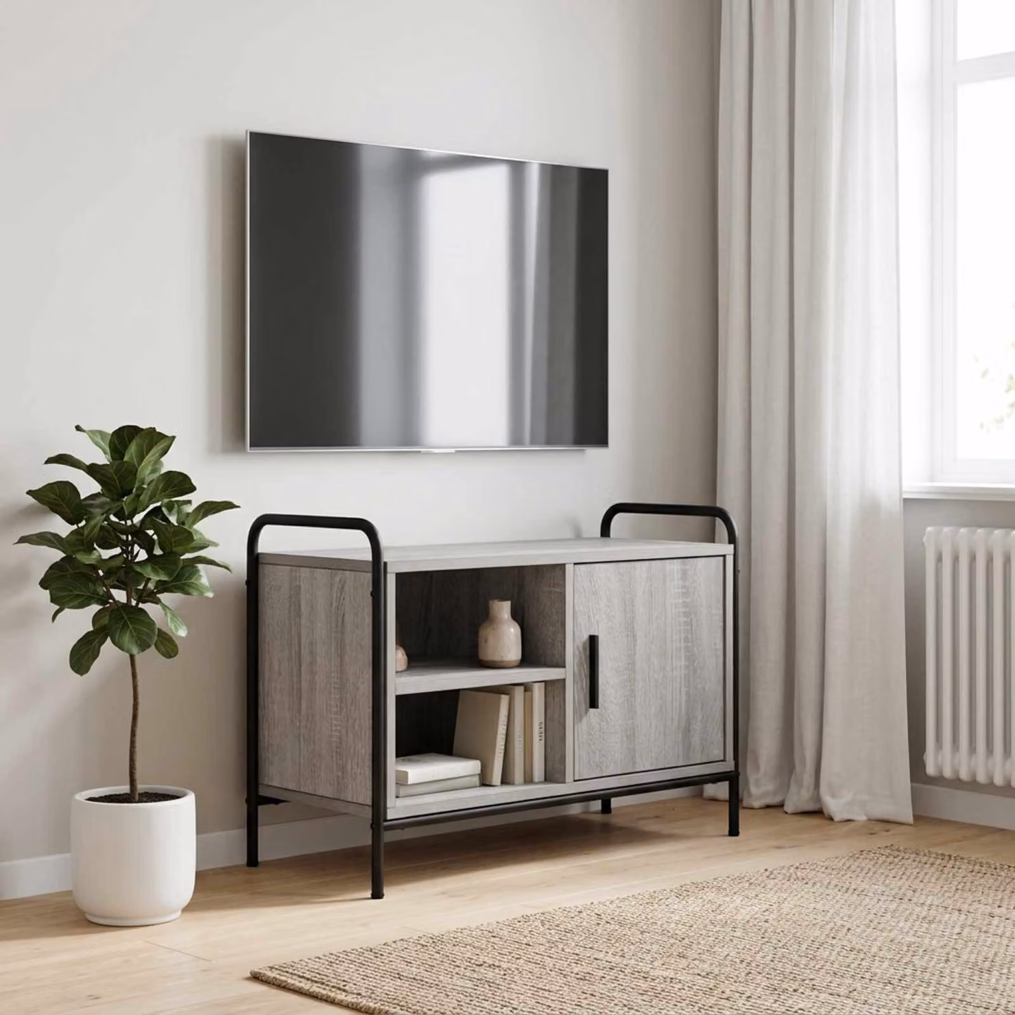 Mobile TV vidaXL moderno in legno ingegnerizzato e metallo, colore grigio Sonoma, L 133 x P 33 x H 50 cm