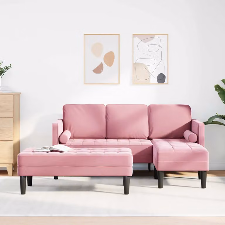 Set di divani angolari vidaXL in velluto rosa con cuscini per il tuo soggiorno