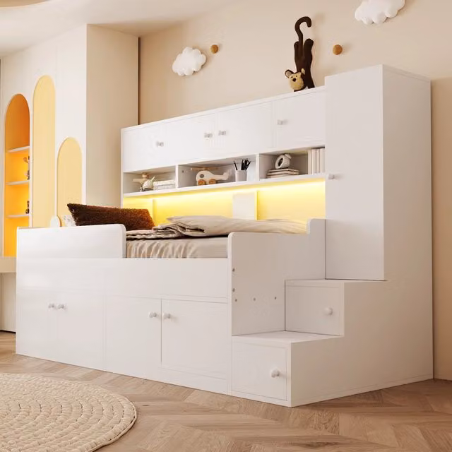 Letto in legno bianco 90×200 cm spazio ripostiglio armadio scala pratica LED e ringhiera di sicurezza
