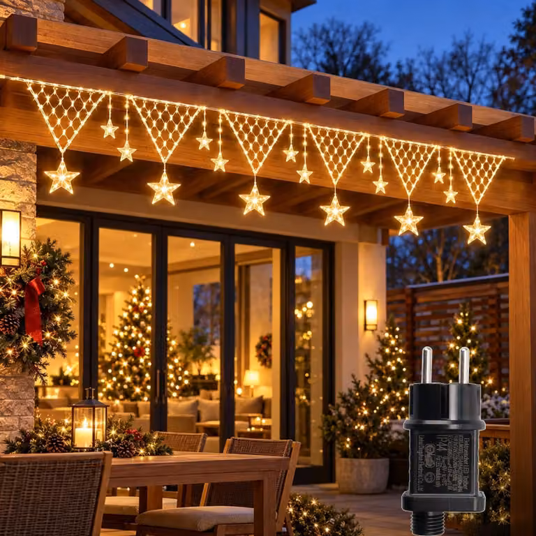 Rete di luci a LED a forma di triangolo, con decorazioni a stella, 192 LED, 5 metri, 8 modalità