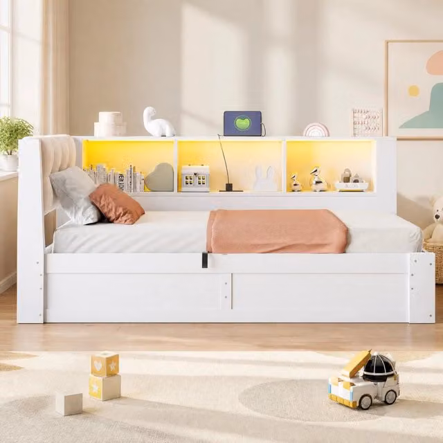 Letto singolo MODFU bianco con contenitore a sollevamento, porta USB, ripiano e illuminazione LED, dimensioni: 90 x 200 cm