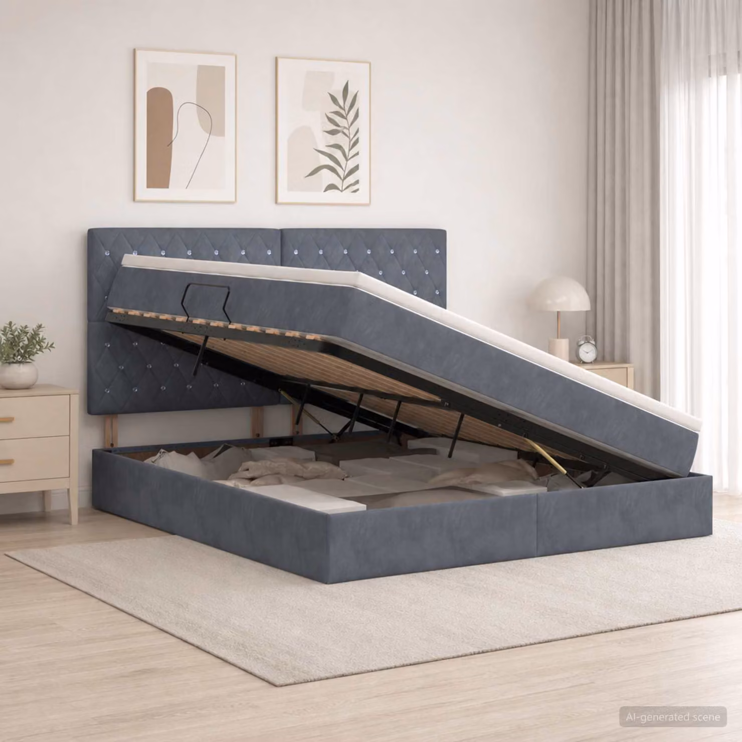 Letto con contenitore e materasso vidaXL Grigio, stile moderno con base a sollevamento e illuminazione sottostante, L/P/H: 180 x 200 x 140 cm