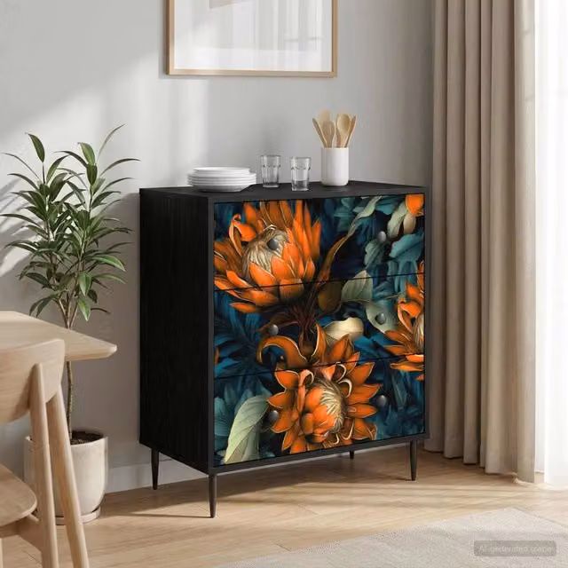 Cassettiera LOCHEM vidaXL con stampa abstract arancione, nero e marrone, L: 66 cm, P: 36,5 cm, H: 76 cm – 1